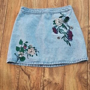 Light Blue Denim Mini Skirt with Floral Embroidery